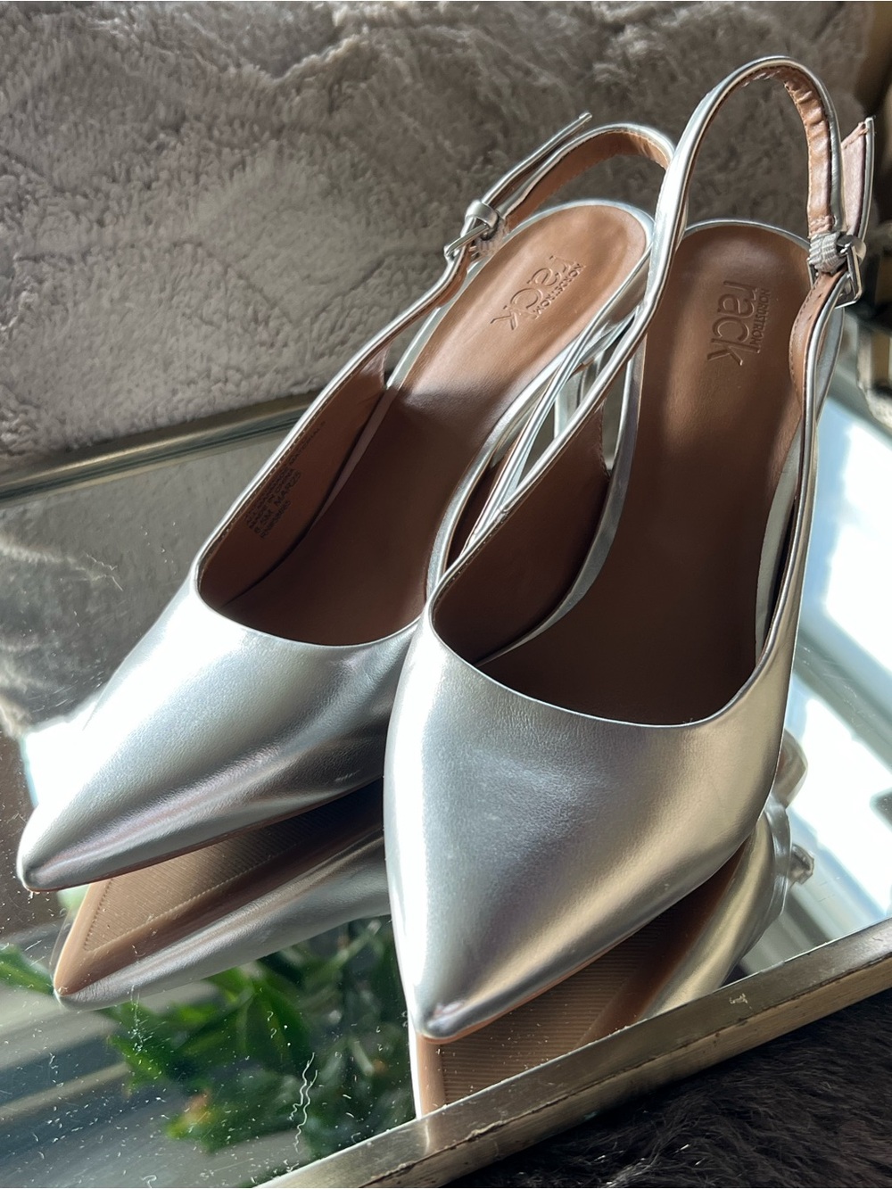 Pointed Silver Slingback Heels by AEROSOLES